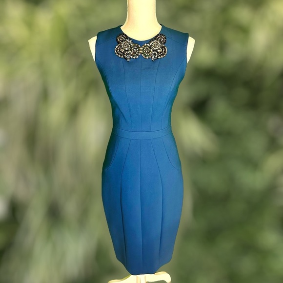RARE Vintage Jason Wu Pre-Fall 2011 Teal Midi Dress w/ Jeweled Collar Size 4 - Picture 4 of 16